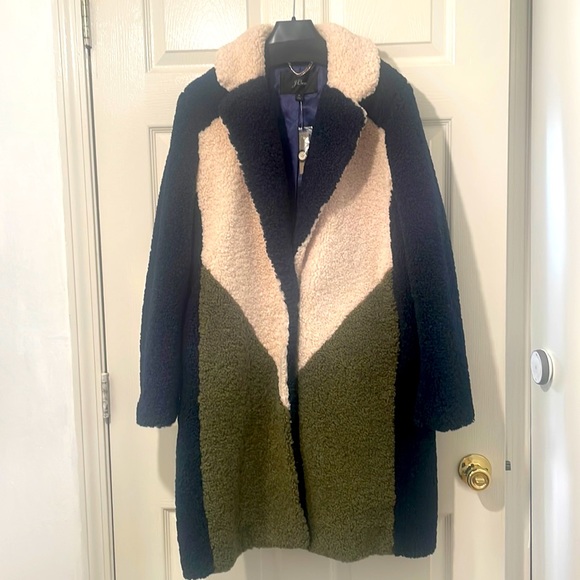J Crew Color Block Faux Fur Coat in Size M
